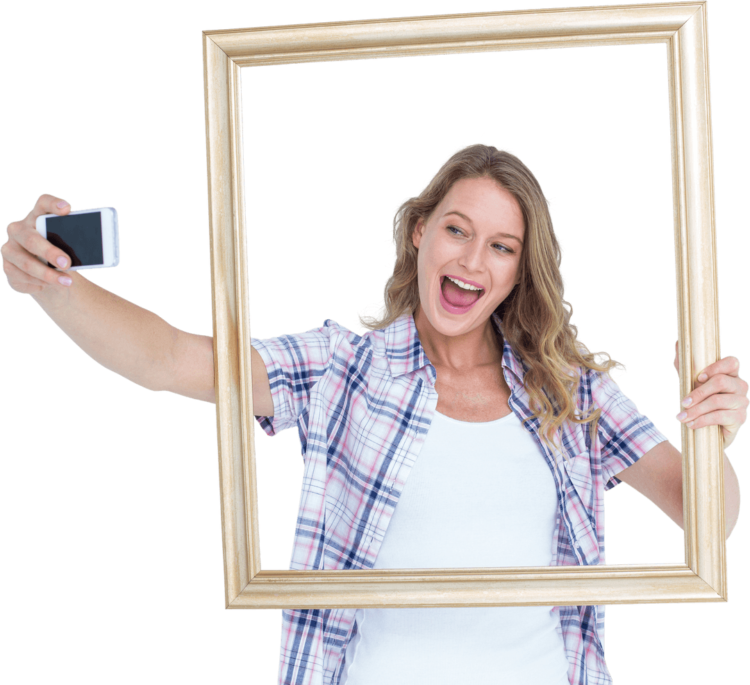 Transparent Concept: Woman Taking Selfie through Picture Frame