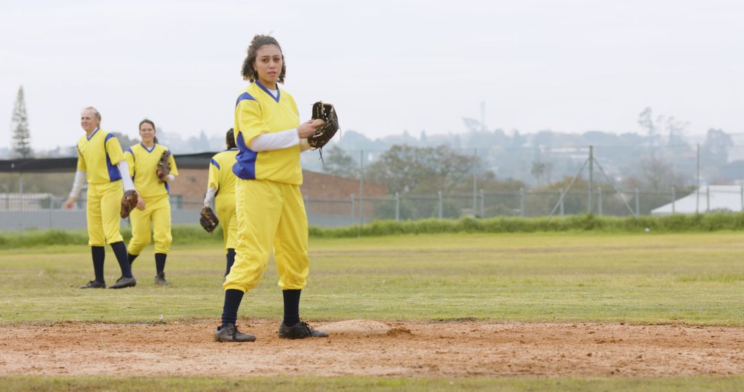 Female Softball Player Pitching on Field Team Coordination