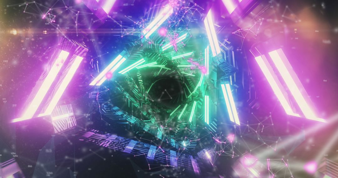 Futuristic Digital Tunnel with Flickering QR Codes and Neon Lights