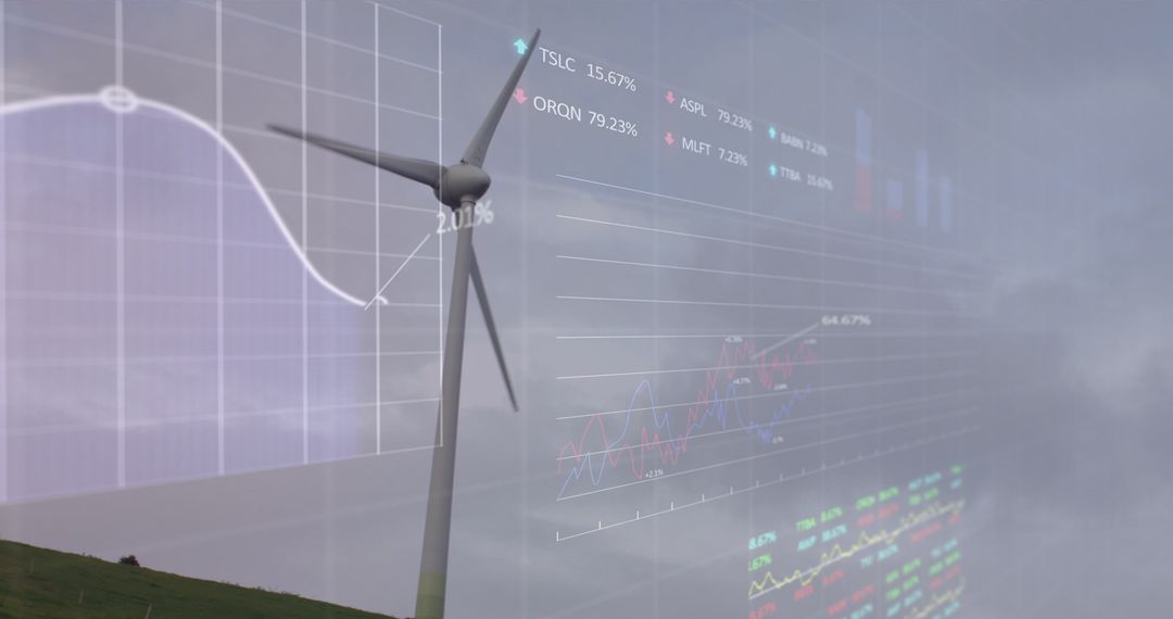 Wind Turbine with Digital Data Overlay Illustrates Renewable Energy Analytics