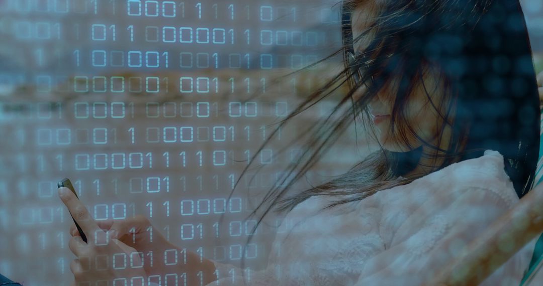 Woman Connected to Digital World through Smartphone and Binary Code