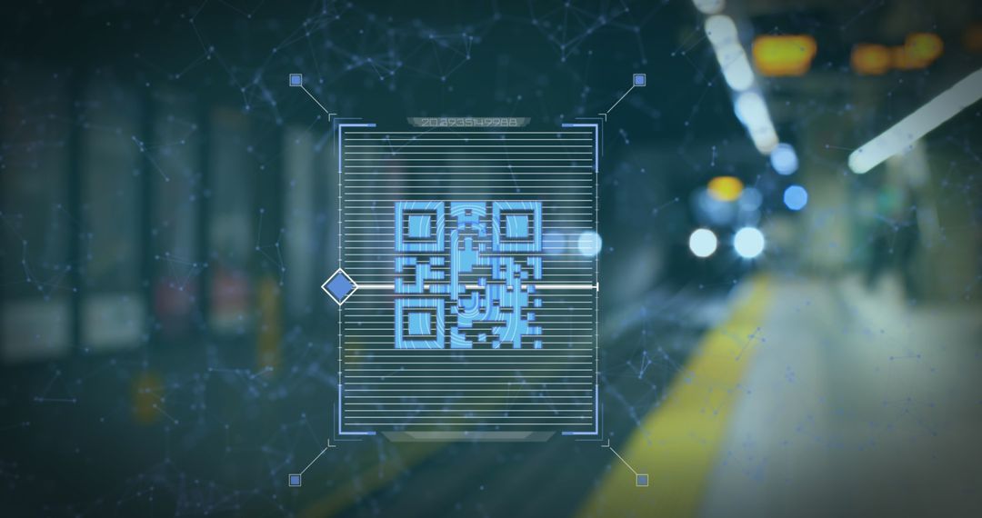 Futuristic QR Code Hologram with Train Background