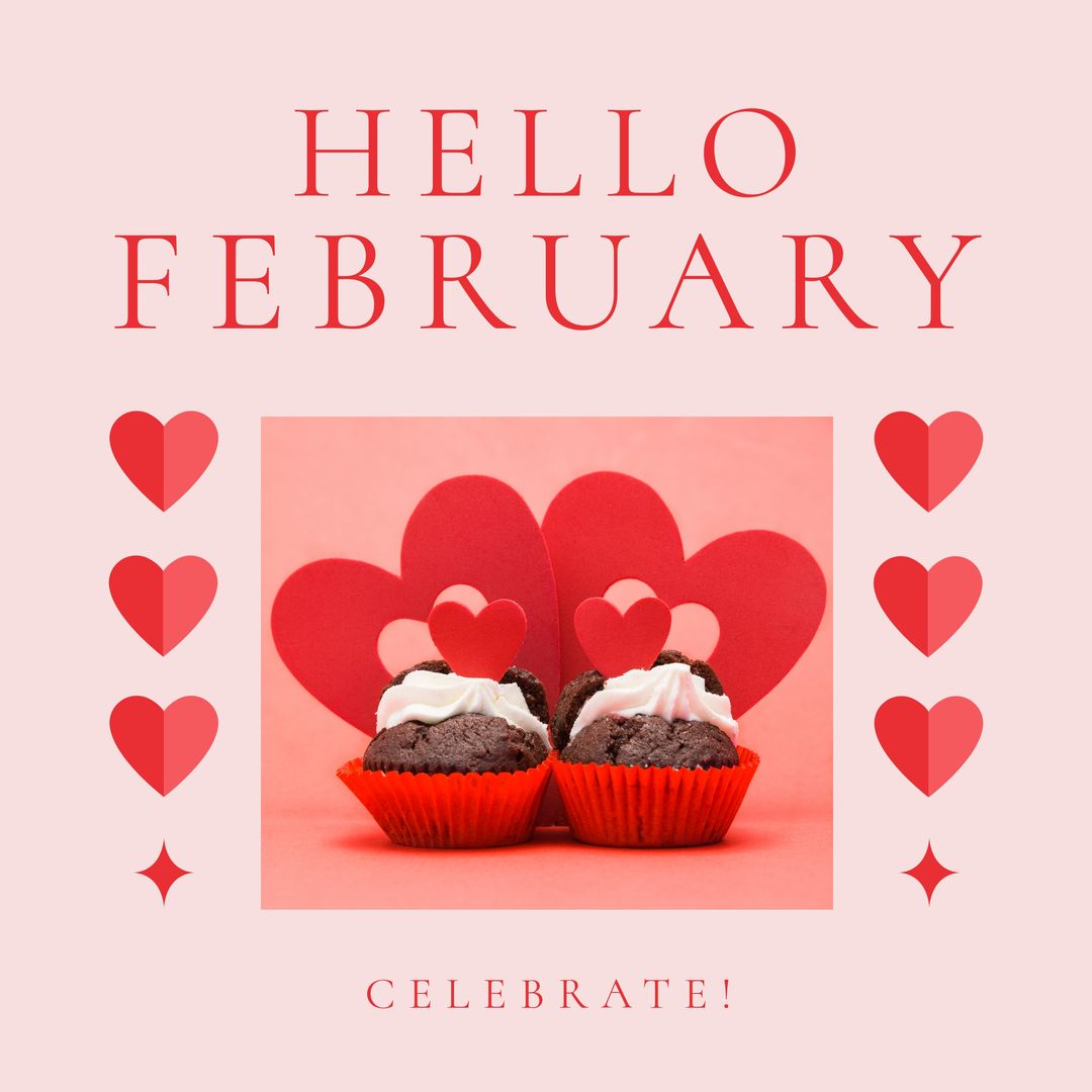 Composition of hello february text over cupcakes and hearts - Download Free Stock Templates Pikwizard.com
