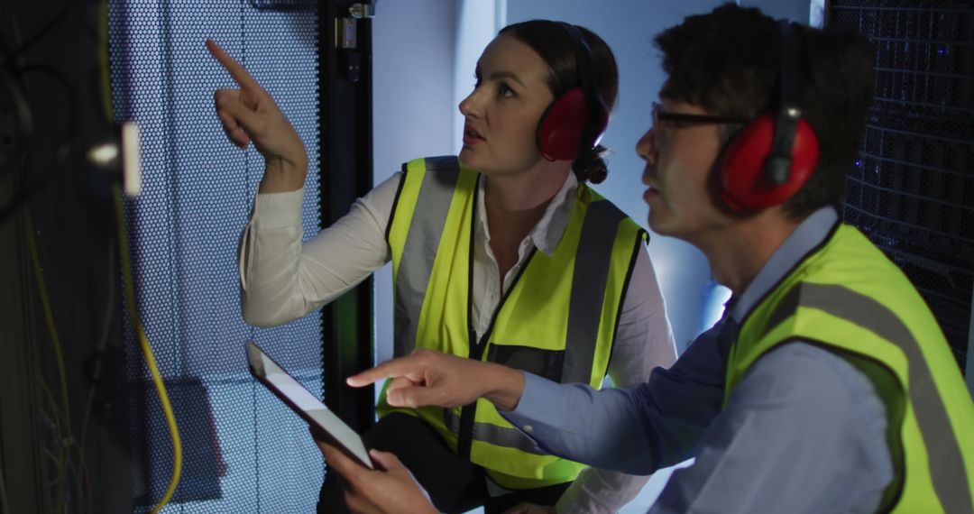 Technicians Examining Server Racks with Digital Interfaces