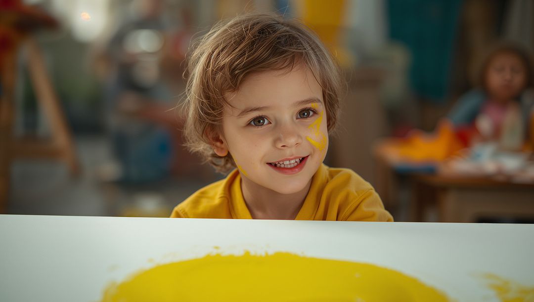 Happy Preschool Boy with Paint in Creative Art Class