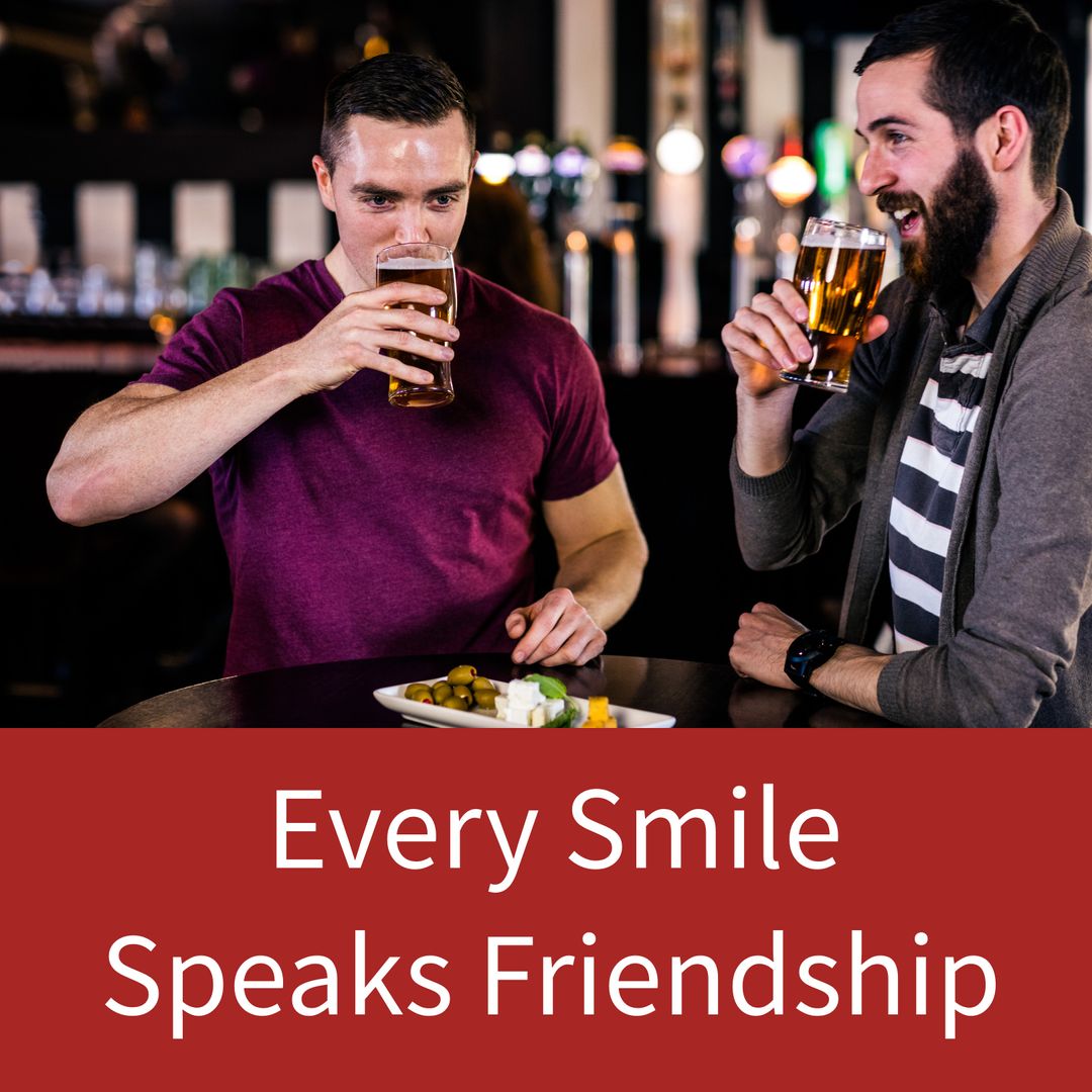 Composite of every smile speaks friendship day text over happy caucasian male friends with drinks - Download Free Stock Templates Pikwizard.com