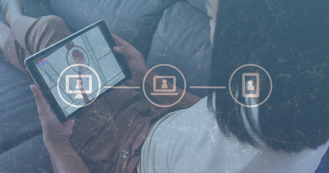 Biracial Woman Using Tablet with Digital Network Overlay