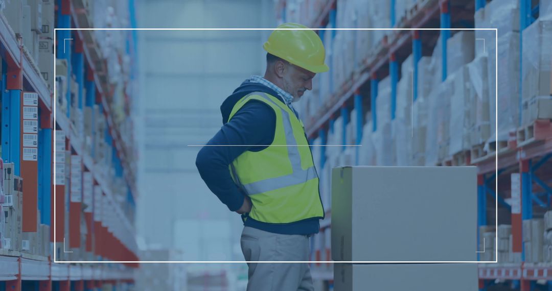 Warehouse Worker Inspecting Packed Box on Pallet in Aisle