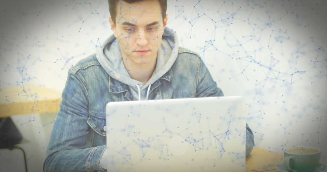 Caucasian Man Using Laptop with Digital Overlay