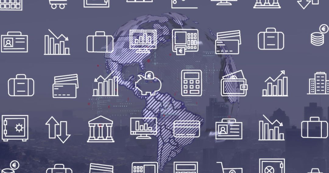 Digital Finance Icons Overlay on Rotating Globe with Urban Background