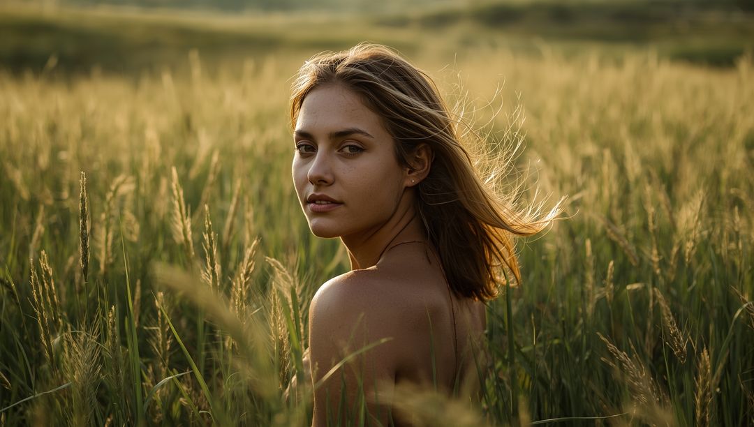 Woman in Tranquil Wheat Field Turning Toward Camera in Sunlight