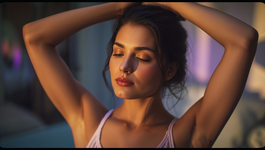 Serene Woman in Minimalist Bedroom with Soft Lighting