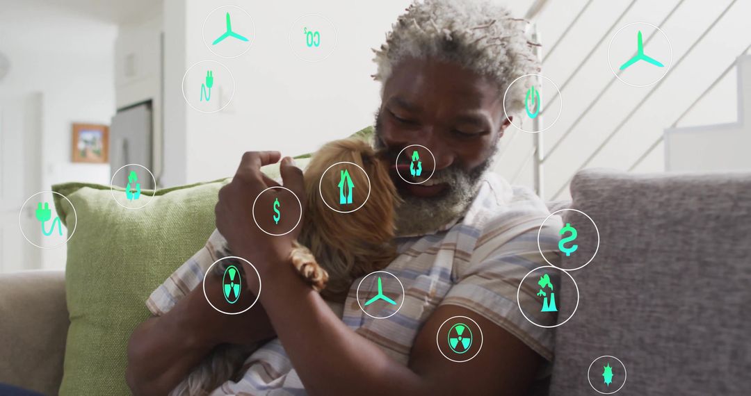 Man Relaxing with Dog and Floating Digital Energy Icons