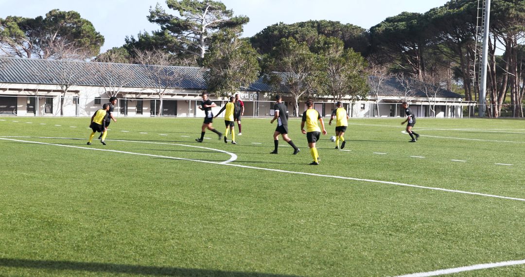 Youth Soccer Team Demonstrating Skills on Sunny Field