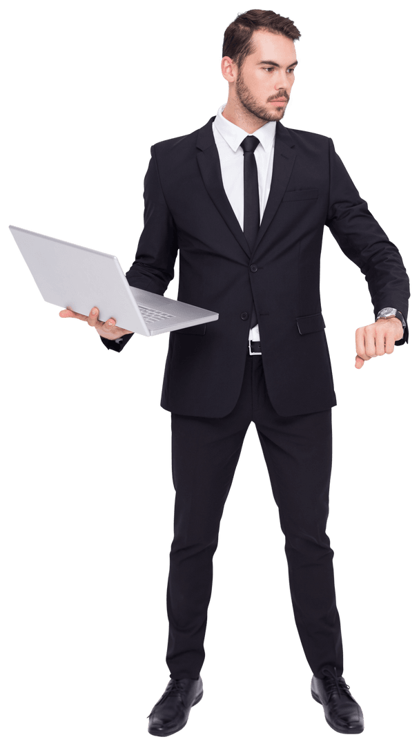 Transparent Businessman in Suit Holding Laptop and Checking Time