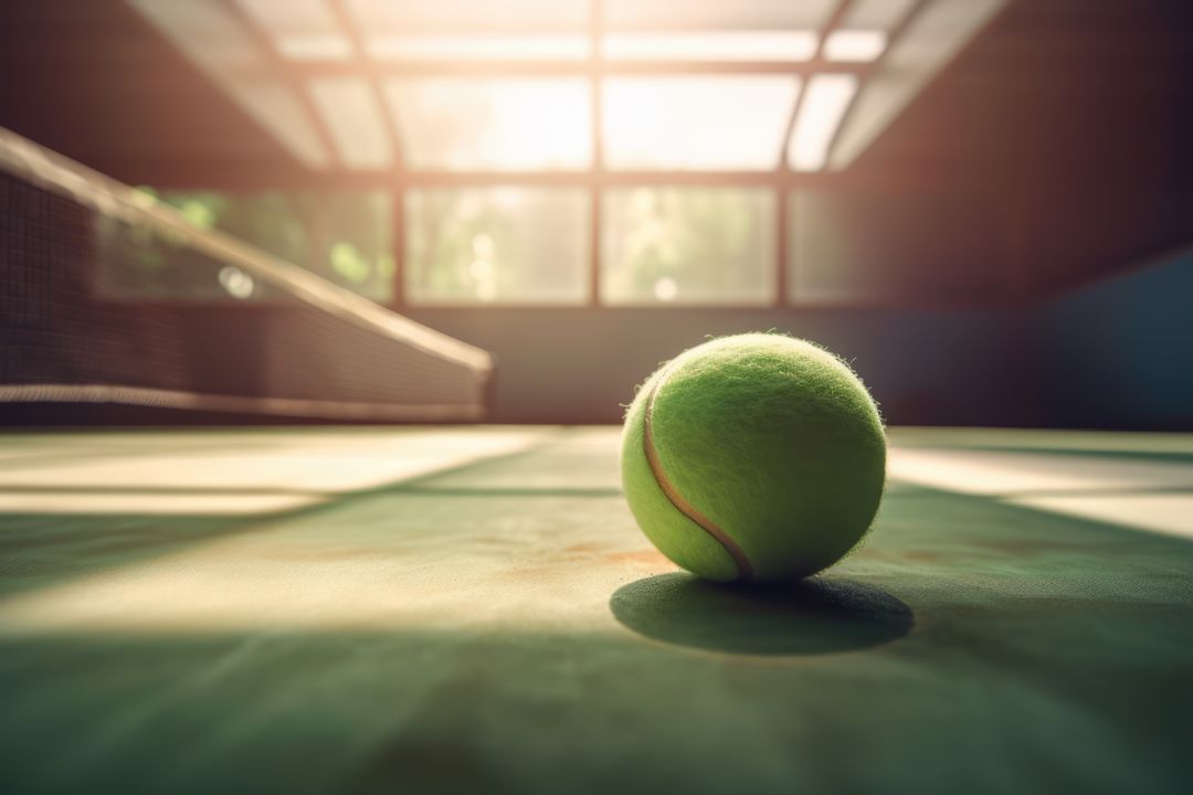 Tennis Ball on Indoor Court at Sunrise with Net in Background - Free Images, Stock Photos and Pictures on Pikwizard.com