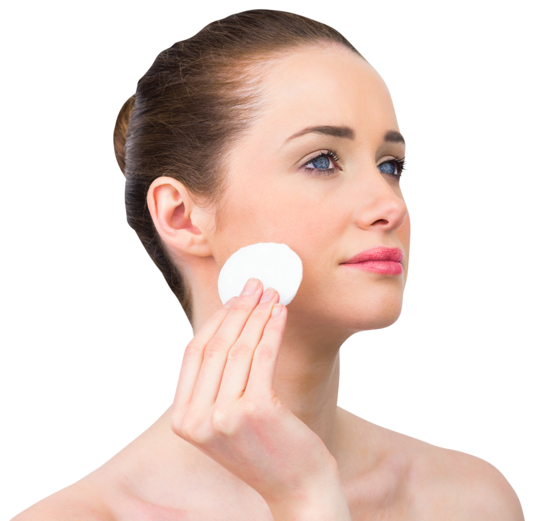 Young Woman Cleansing Face with Cotton Pad on Transparent Background - Download Free Stock Images Pikwizard.com