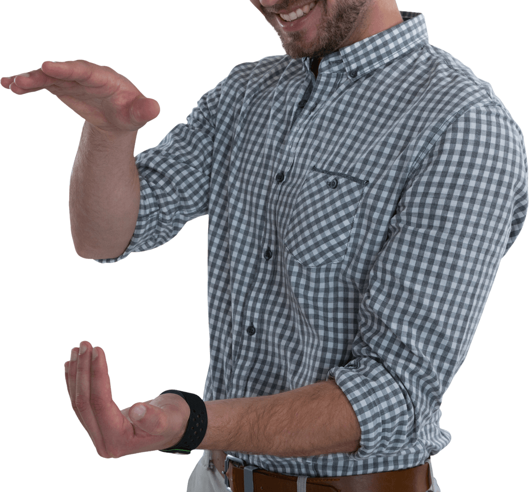 Man Gesturing Holding Transparent Object, Plaid Shirt Style