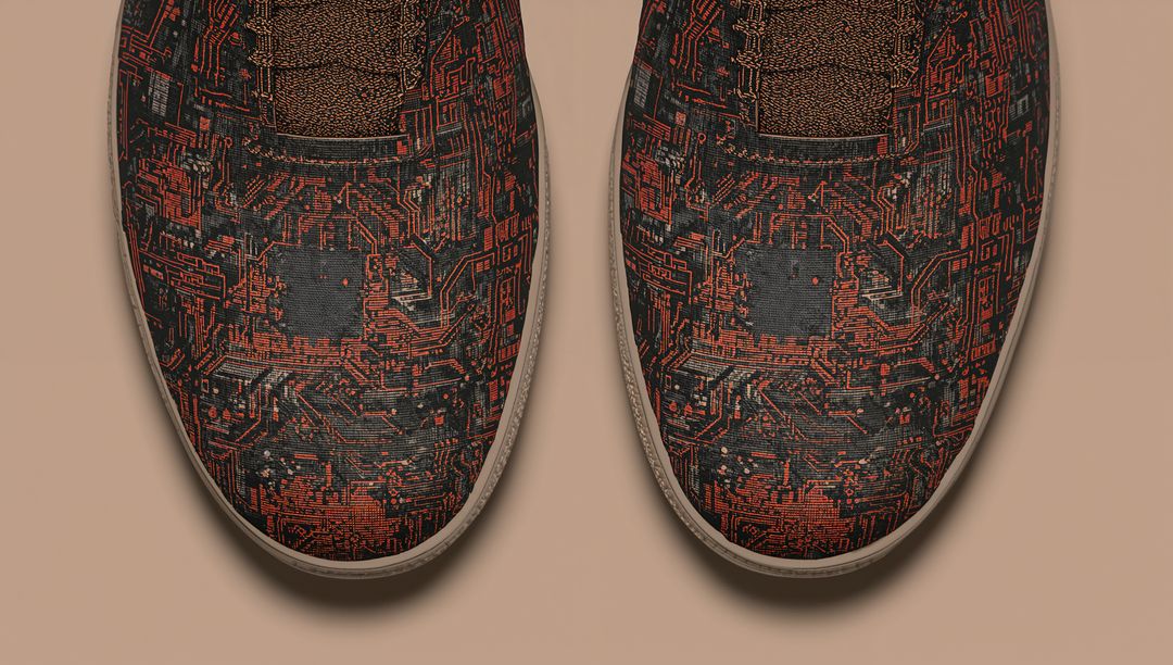 Tech Circuit Slip-ons Featuring Red Circuit Board Print on Black Canvas Topdown