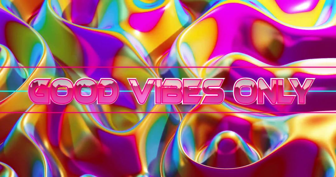Good Vibes Only Neon Chrome Banner Floating on Iridescent Abstract 3D Fluid Background