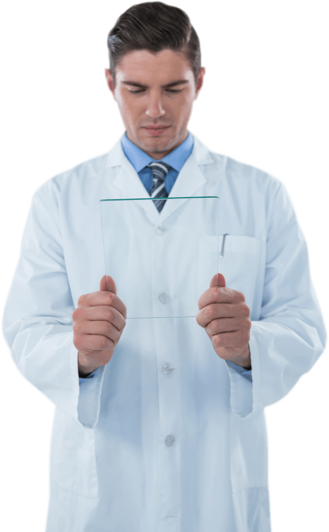 Male Scientist Studying Transparent Glass for Research