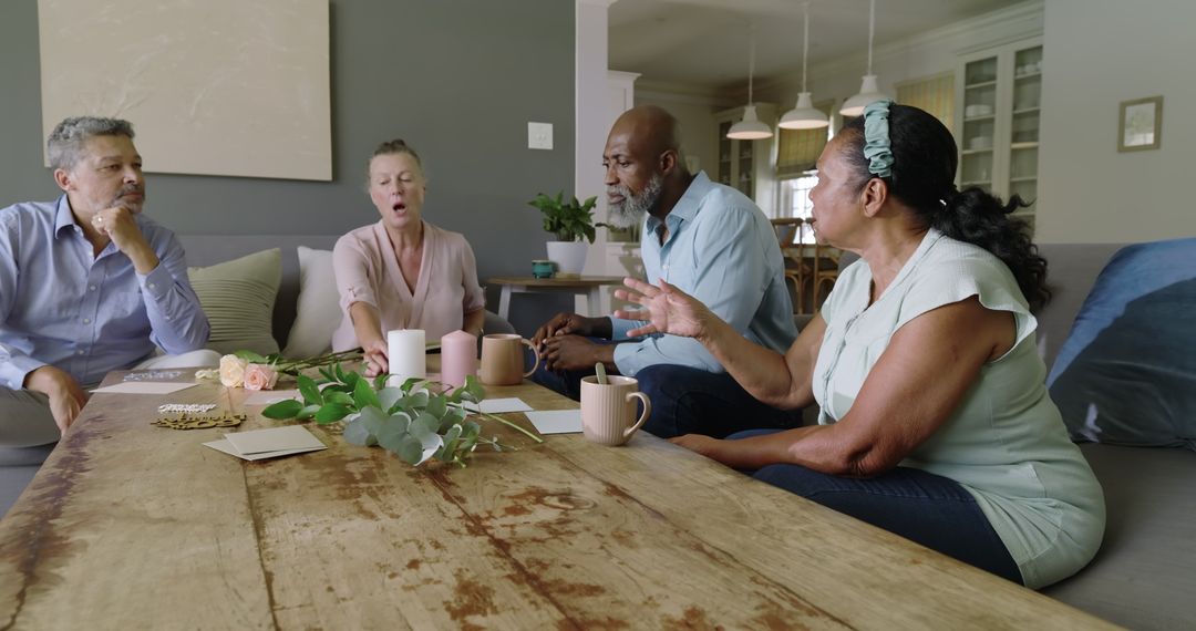 Diverse Seniors Engaging in Lively Home Conversation