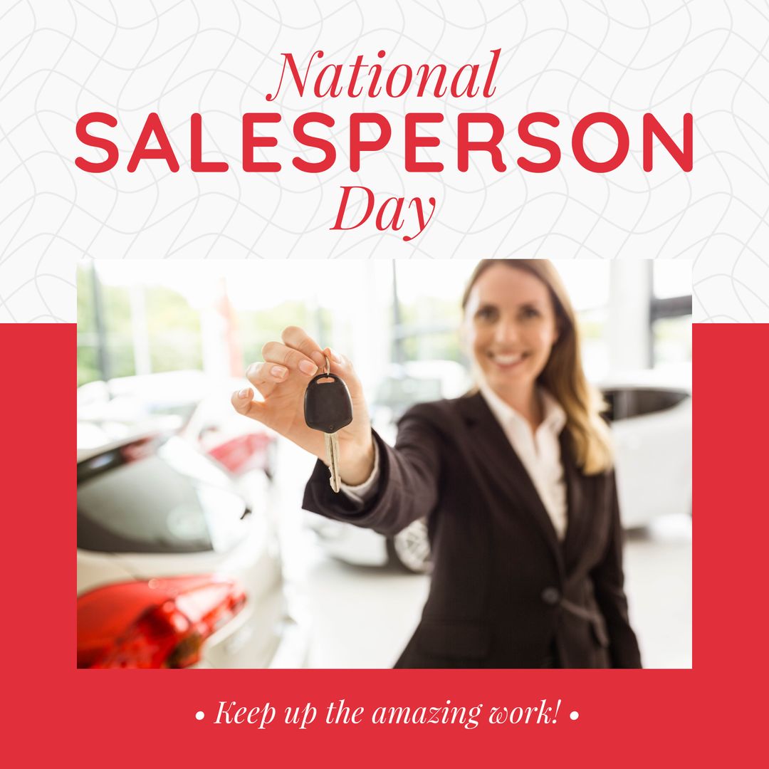 National Salesperson Day With Smiling Saleswoman Holding Car Key