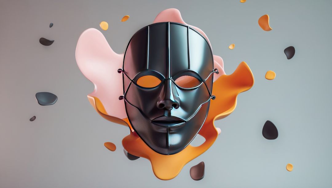 Glossy metallic bank robber mask surrounded by pastel abstract shapes