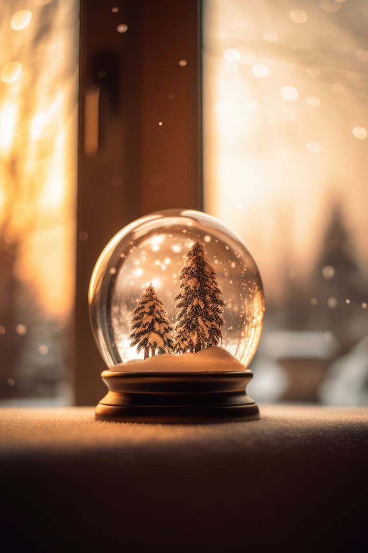 Magical Snow Globe with Snowy Pine Trees on Sunset Background - Free Images, Stock Photos and Pictures on Pikwizard.com