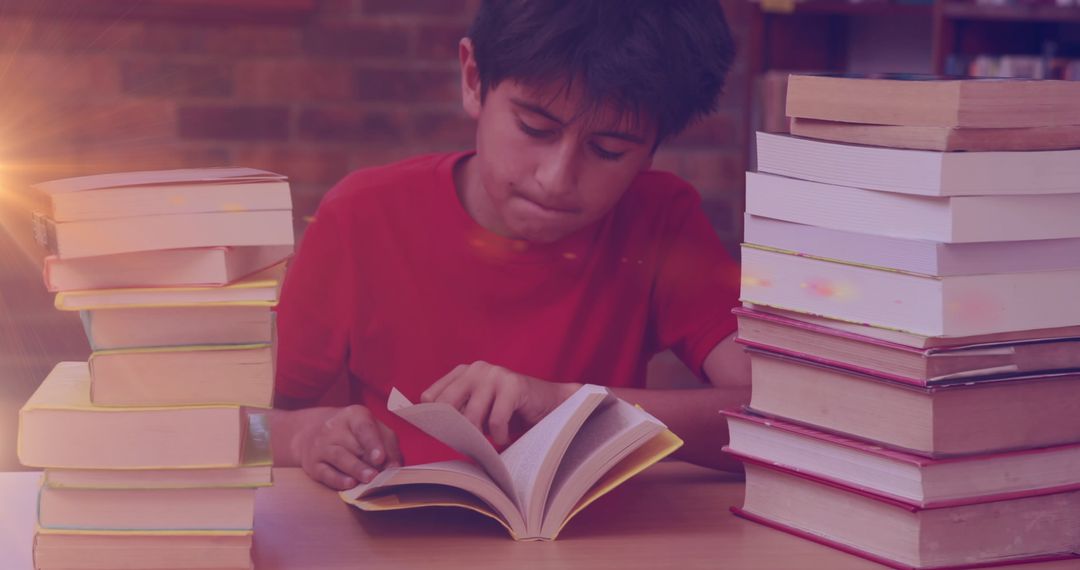Child Immersed in Reading Amidst Stack of Books