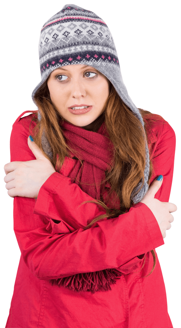 Transparent Redhead Woman Wearing Warm Coat and Winter Hat