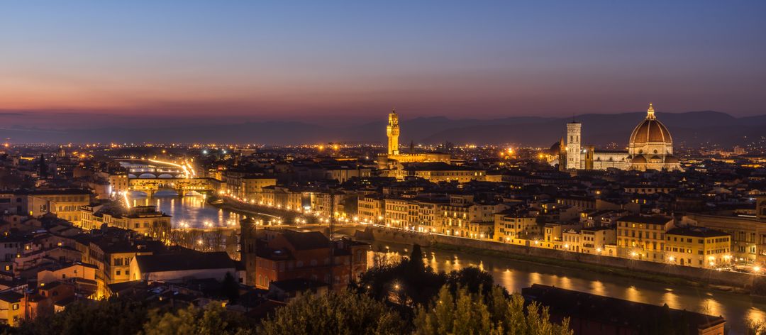 Panoramic View of Florence Cityscape at Dusk with Illuminated Historic Buildings - Free Images, Stock Photos and Pictures on Pikwizard.com