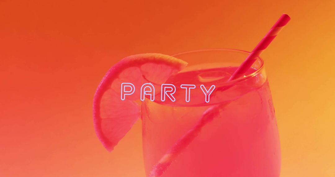 Neon Party Text with Refreshing Cocktail on Orange Gradient Background - Free Images, Stock Photos and Pictures on Pikwizard.com