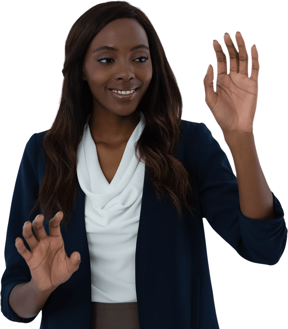 Smiling Professional Woman Using Transparent Touchscreen Display