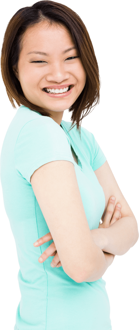 Smiling Young Woman Standing with Arms Crossed on Transparent Background