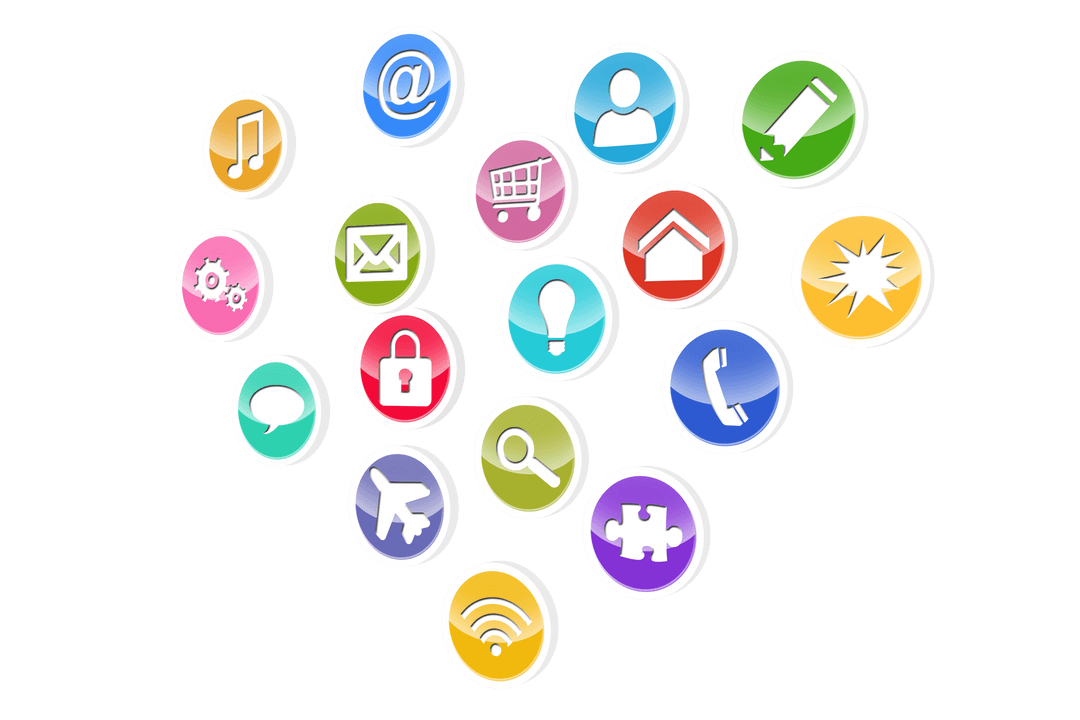 Colorful Communication Icons Forming Heart Shape on Transparent Background