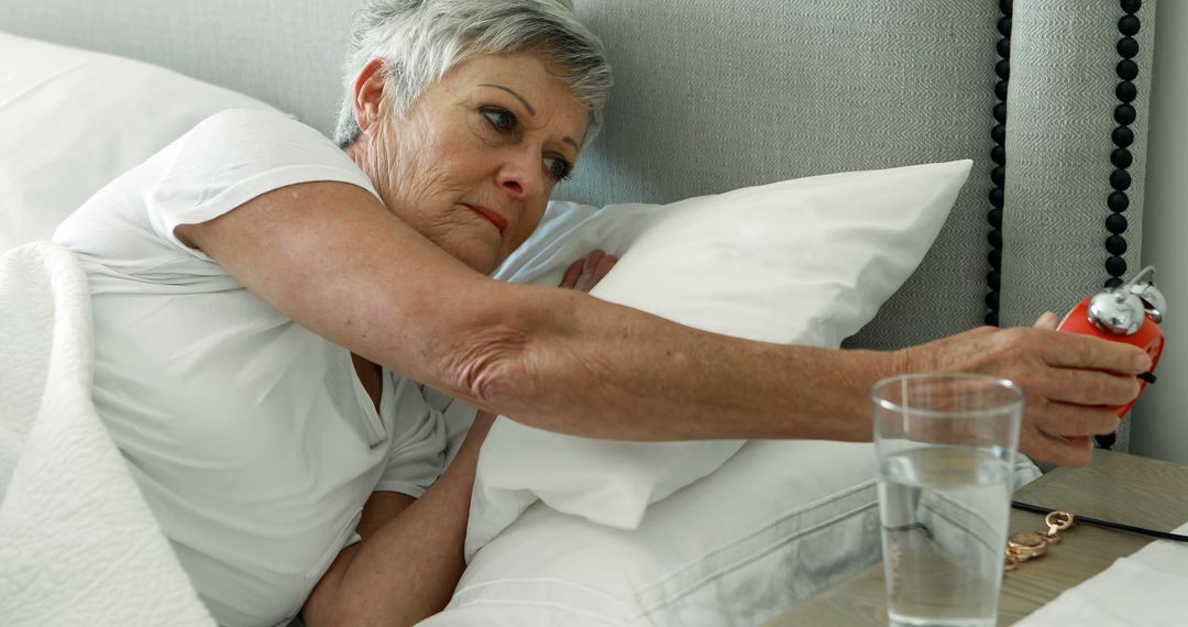 Senior Woman Reaching for Alarm Clock in Bed in Morning - Free Images, Stock Photos and Pictures on Pikwizard.com