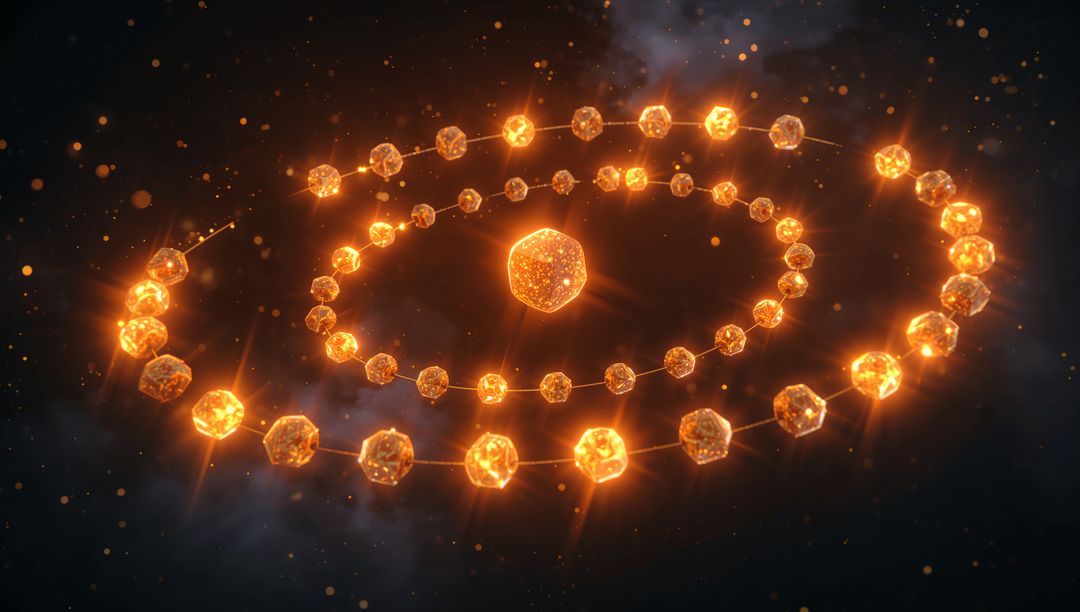 Spiraling Amber Crystal Orbits Encircling Polyhedron Gem Rings in Cosmic Nebula