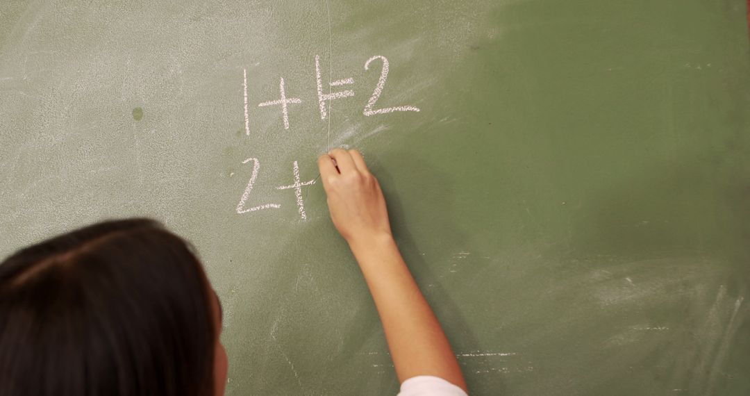 A young student is writing simple arithmetic problems on a green chalkboard, with copy space - Free Images, Stock Photos and Pictures on Pikwizard.com