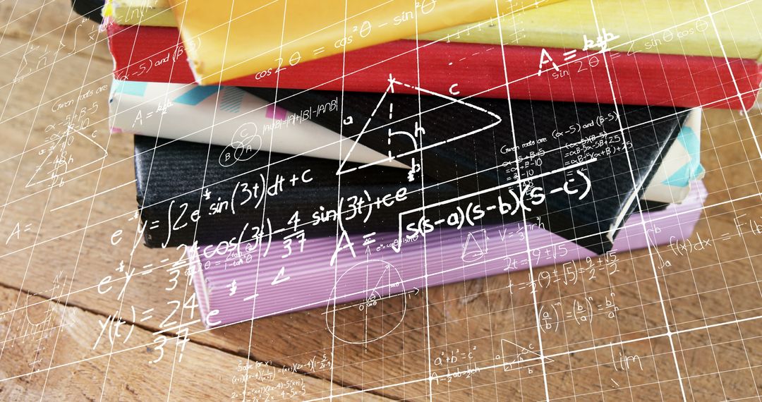 Mathematical Equations Overlaying Books on Wooden Table