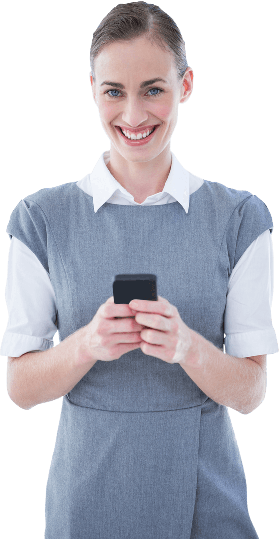 Smiling Businesswoman Holding Smartphone on Transparent Background