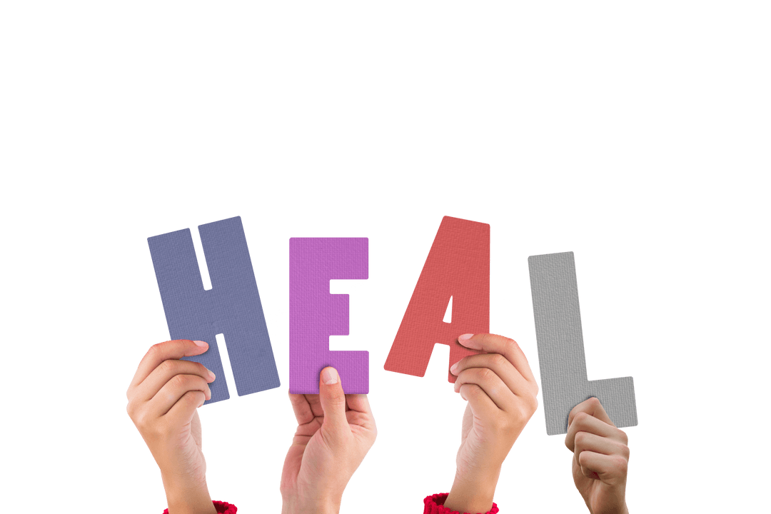 Hands Holding HEAL Text on Transparent Background: Concept of Recovery