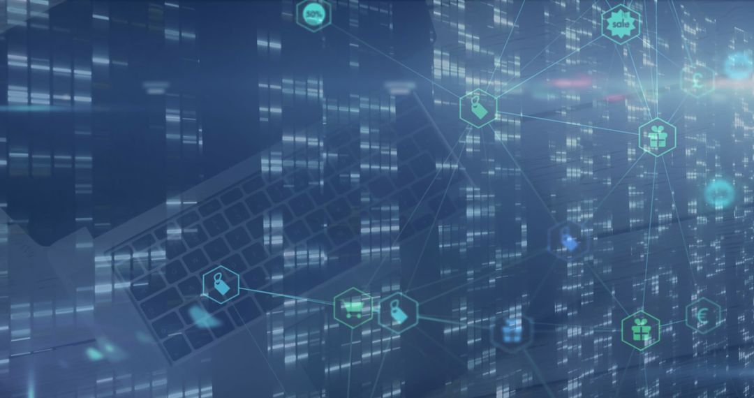 Digital Icons Network Overlapping Laptop Screen Concept