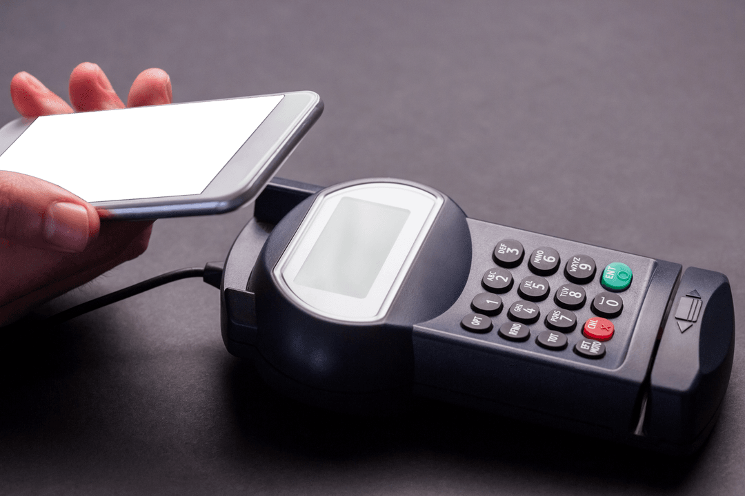 Transparent smartphone payment handshake illustrating contactless shopping