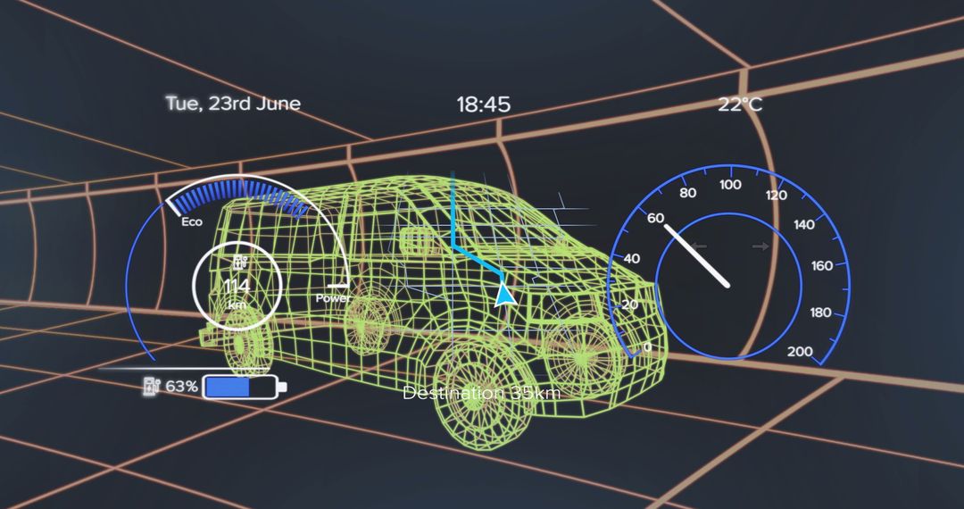 Futuristic Holographic Van Display with Mileage Indicators