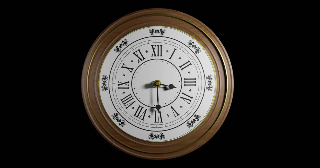 Elegant Antique Brass Clock on Black Background Showing Noon