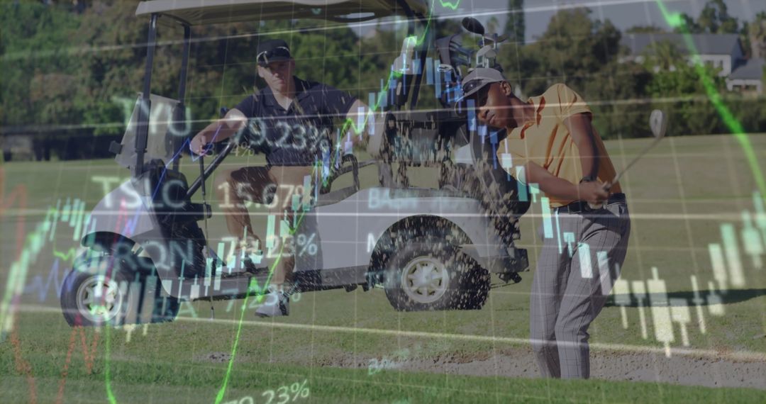 Golfer in Vibrant Action with Stock Market Data Overlay