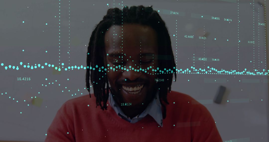 Data Visualization Overlays Smiling Businessman in Modern Office