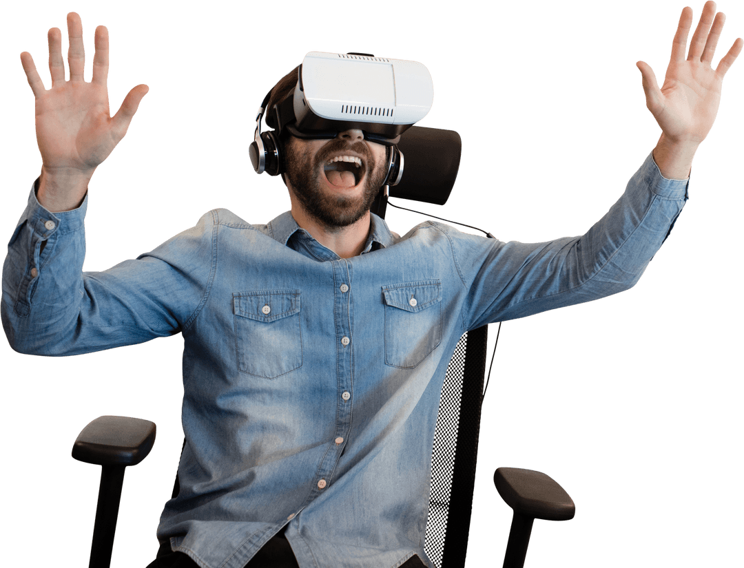 Cheerful Man Experiencing Virtual Reality Living Room Concept