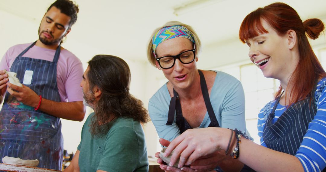 Diverse Adults Enjoying Creative Pottery Workshop